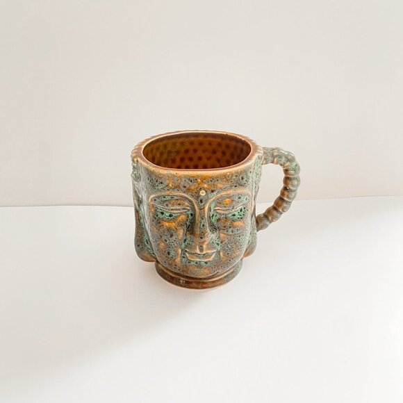 Ceramic Buddha Head Coffee Mug with Textured Glaze and Beaded Handle - Picture 2 of 4